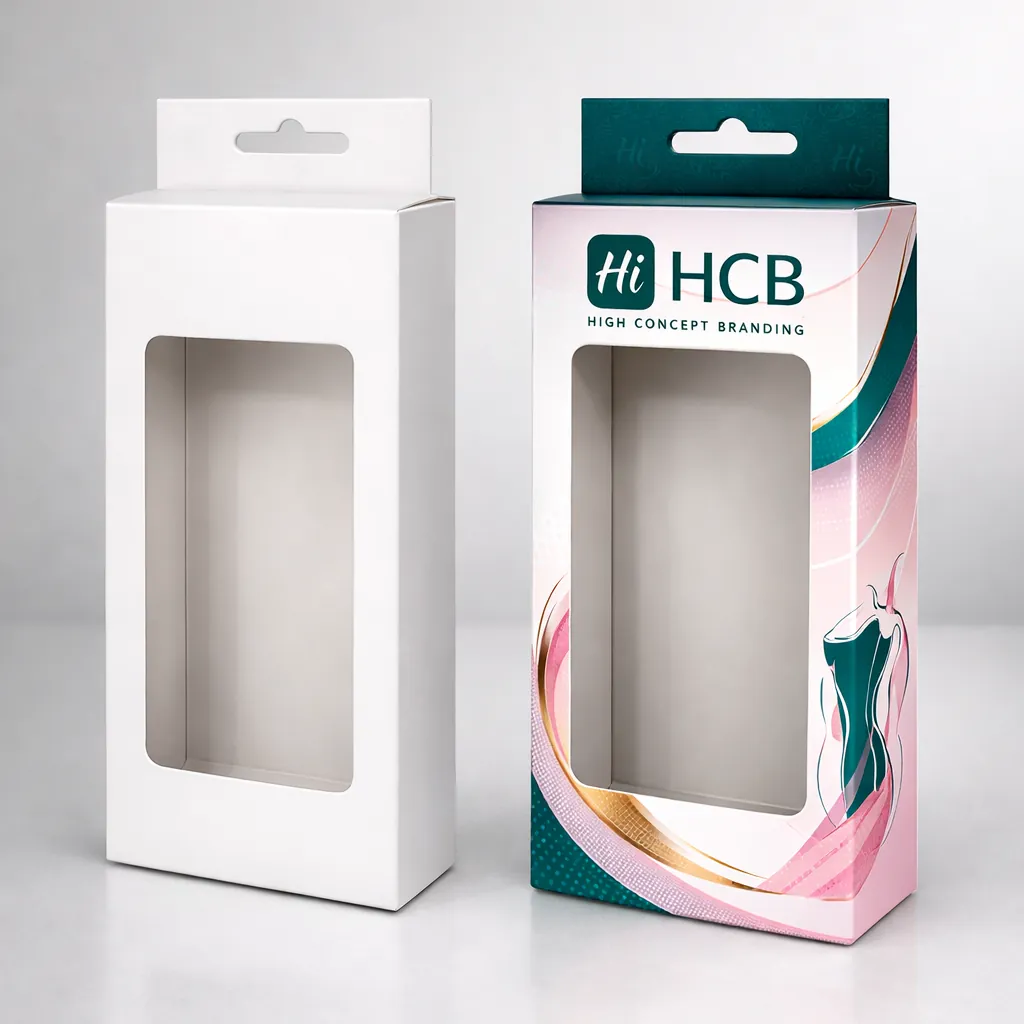 Hanging retail boxes with rectangular windows, one plain white and one featuring high-concept branding and graphics. class=